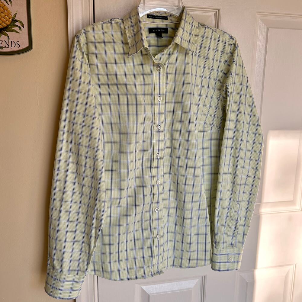 Lands' End Plaid No Iron Pinpoint Oxford Longsleeve Button Down Shirt Size 14